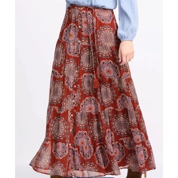 Daniel Rainn Demeter Metallic Tiered Maxi Skirt Red Medallion Stitch Fix sz XXL - Picture 1 of 9